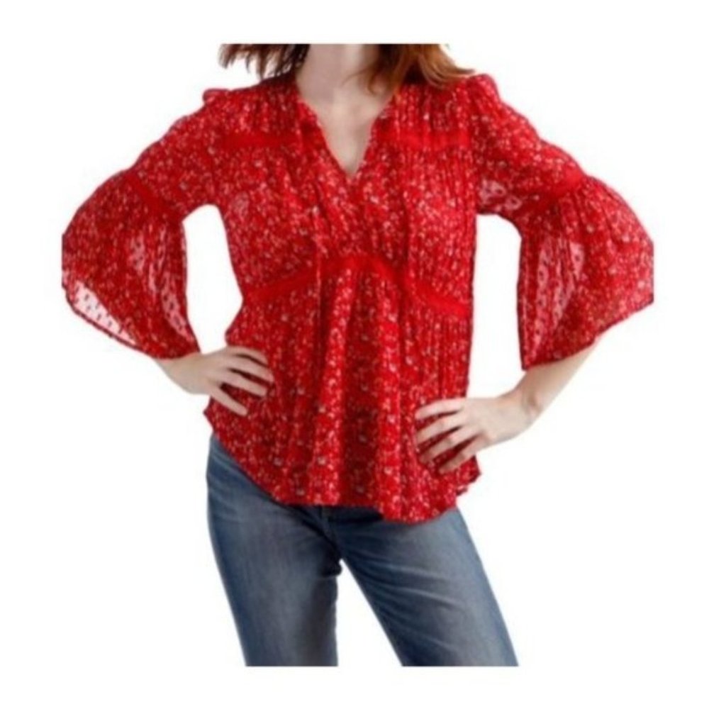 Lucky Brand Womens‎ Chiffon Floral Peasant Top Red M Medium Bell Sleeve